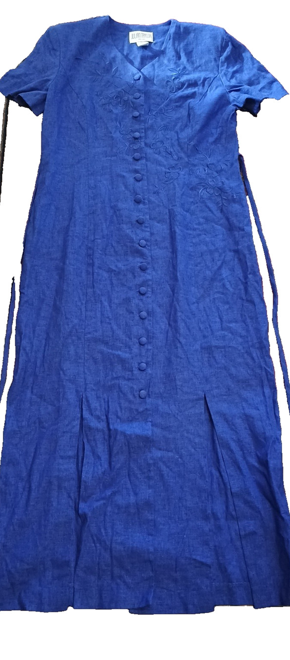 90's Y2K Cornflower Blue Linen Blend Button-Up Embroidered Maxi Shirt Dress 14